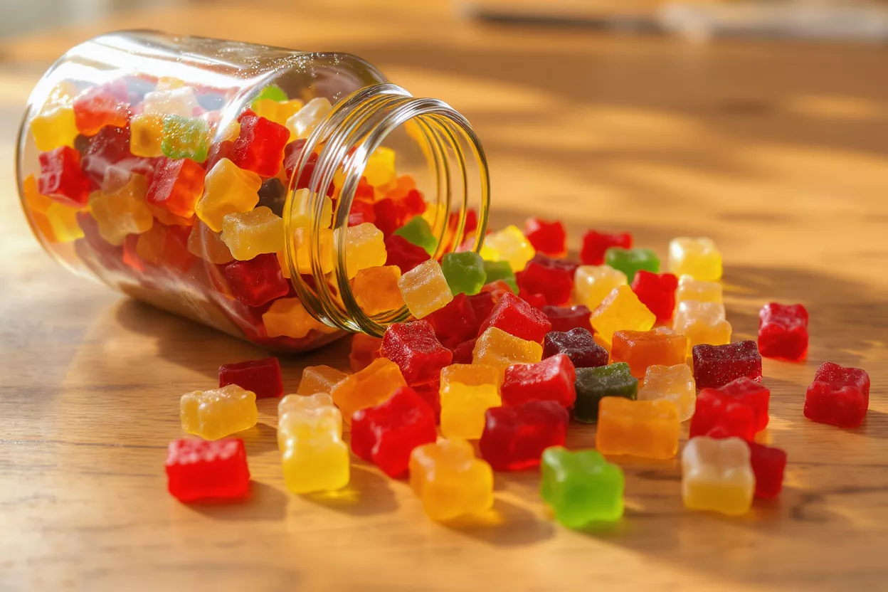 Des bonbons en gélatine vifs et colorés s'échappant d'un bocal en verre sur une surface en bois.