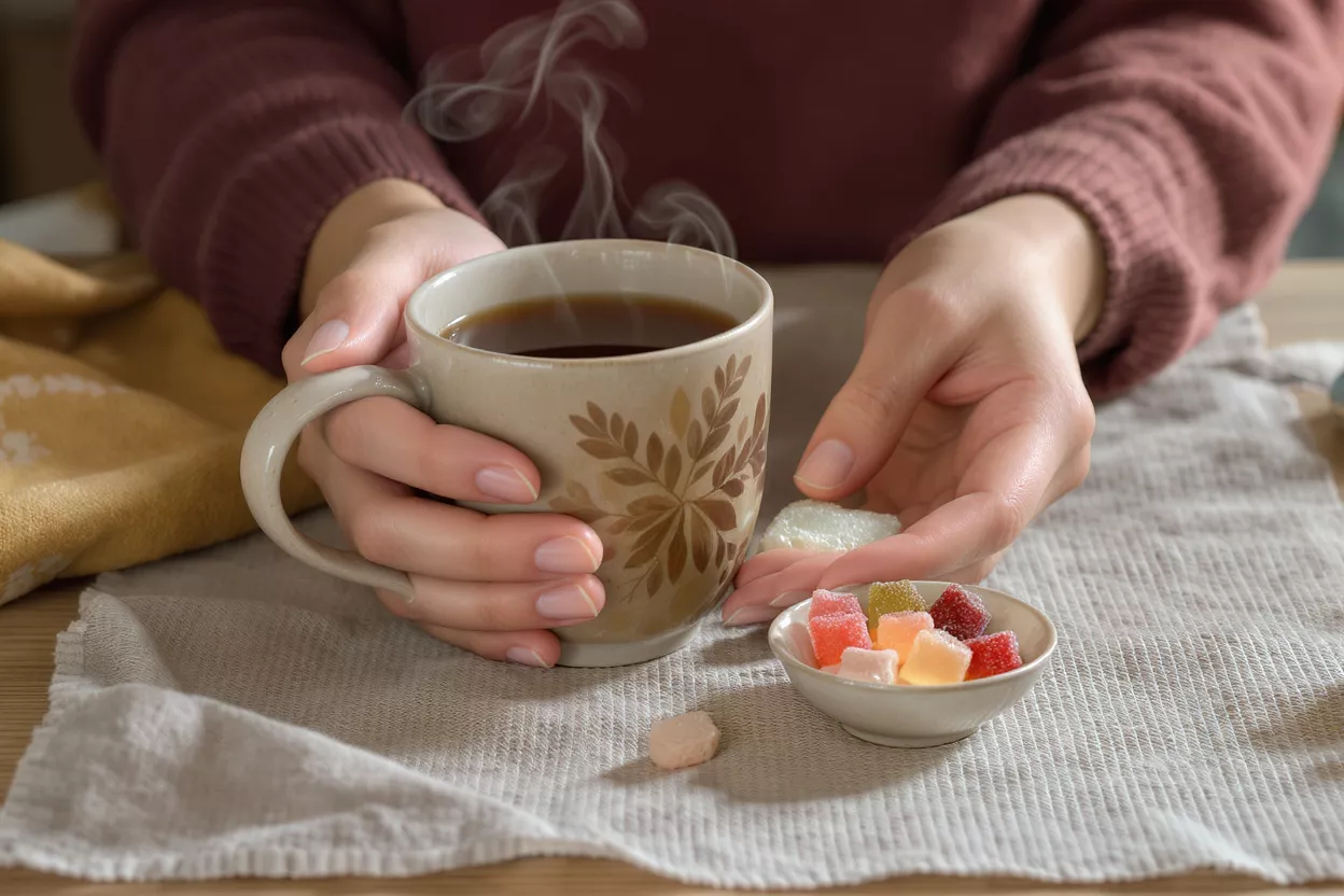 Mains tenant une tasse de thé fumant à côté d'un bol de bonbons colorés.