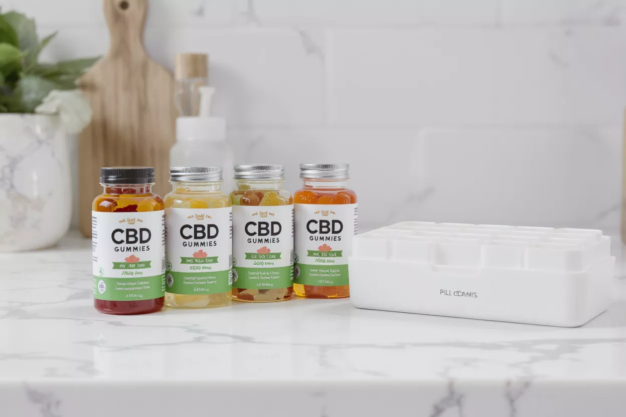 Quatre bouteilles de gommes de CBD de différentes couleurs à côté d'un pilulier blanc.