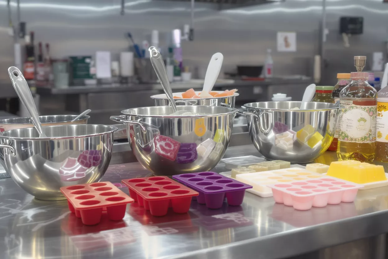 Un plan de travail en acier inoxydable avec des bols, des moules en silicone et des ingrédients pour la fabrication de savon.