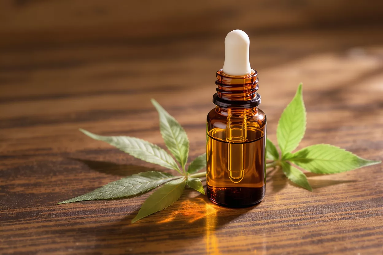 Amber dropper bottle of CBD oil with green hemp leaves on a wooden surface.