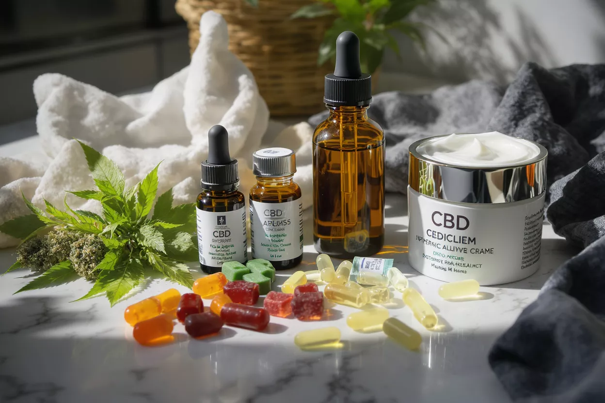Various CBD products including oils, gummies, capsules, and cream on a marble surface.