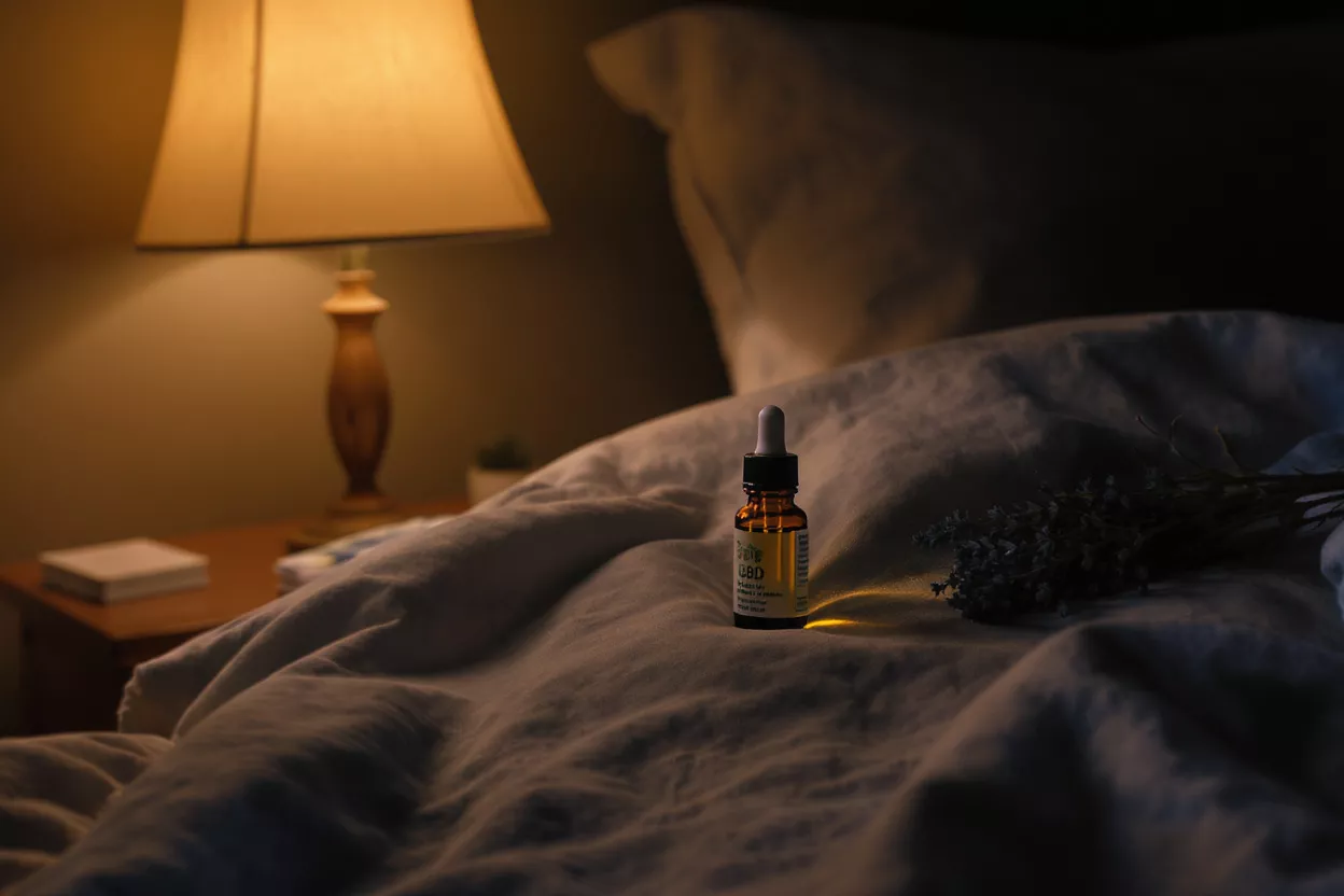 CBD oil bottle on bed with lamp and lavender, promoting sleep.