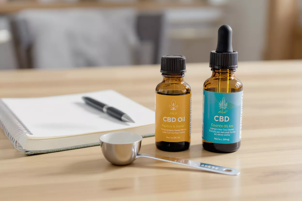 Two CBD oil bottles, notebook, pen, and measuring spoon on a wooden desk.