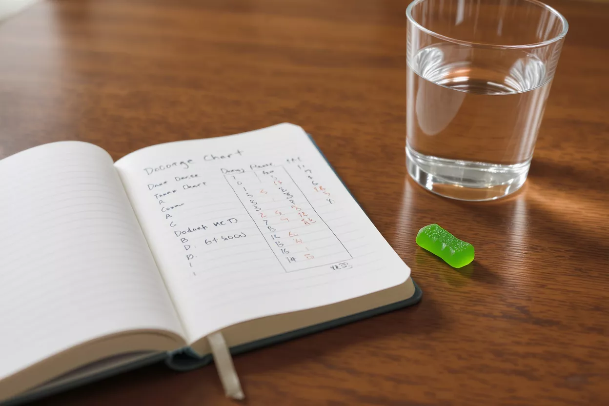 Una gominola verde, un vaso de agua y un cuaderno abierto sobre un escritorio de madera.