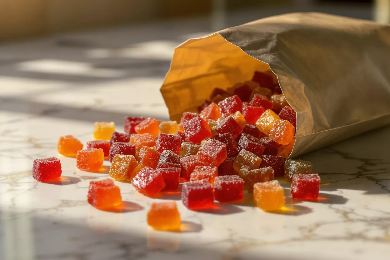 Dulces gomitas rojas, naranjas y amarillas recubiertas de azúcar derramándose de una bolsa de papel marrón.