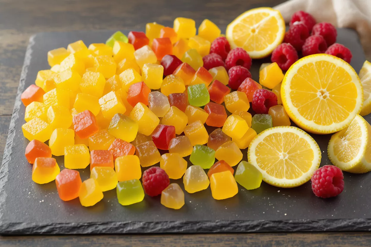 Un vibrante surtido de gominolas de frutas, rodajas de limón y frambuesas frescas sobre una pizarra oscura.