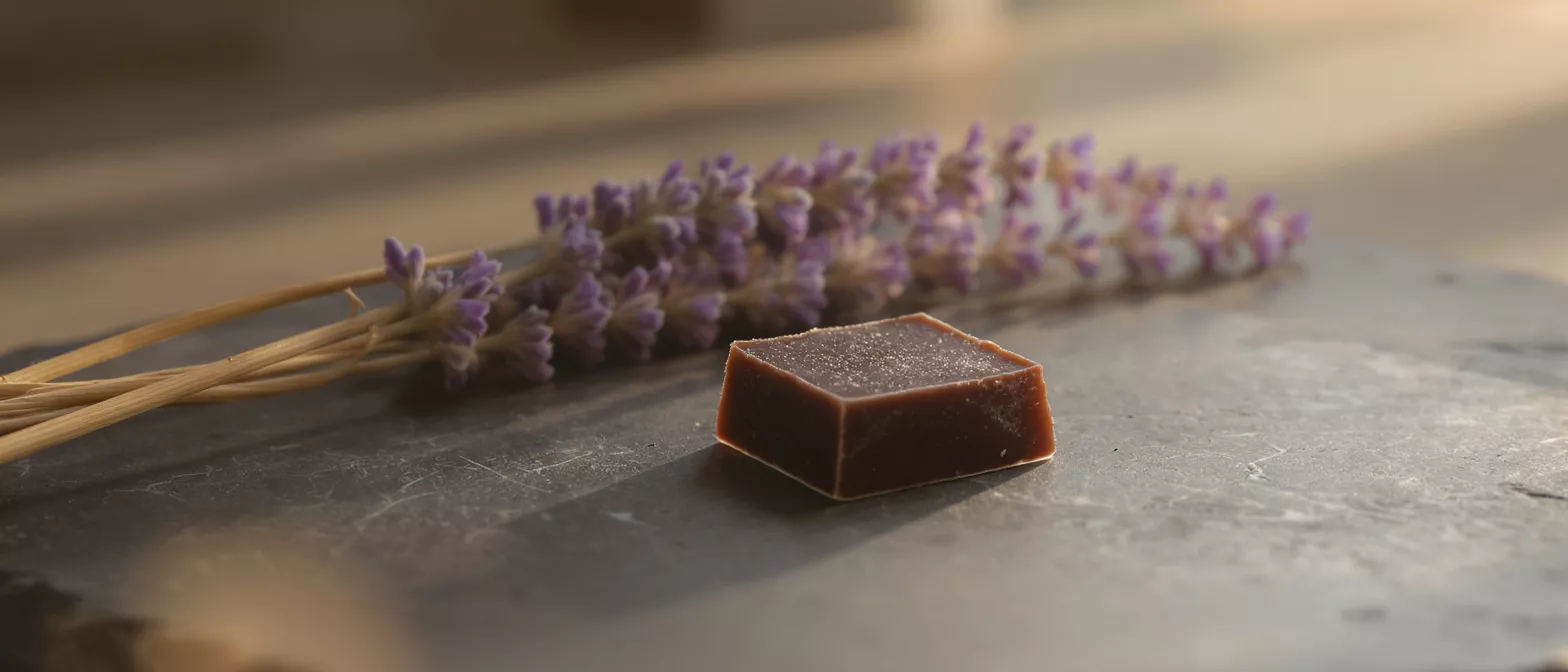 A square piece of dark chocolate next to a sprig of lavender.