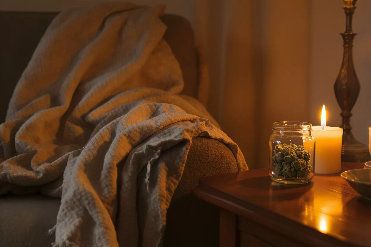 A jar of cannabis, a lit candle, and a blanket on a chair in a dimly lit room.