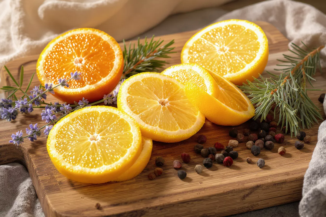 Sliced lemons, orange, lavender, pine needles, and peppercorns on a wooden board.