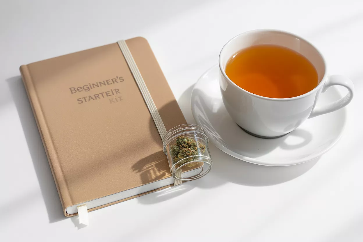 A beginner's kit notebook, cannabis jar, and tea cup on a white surface.