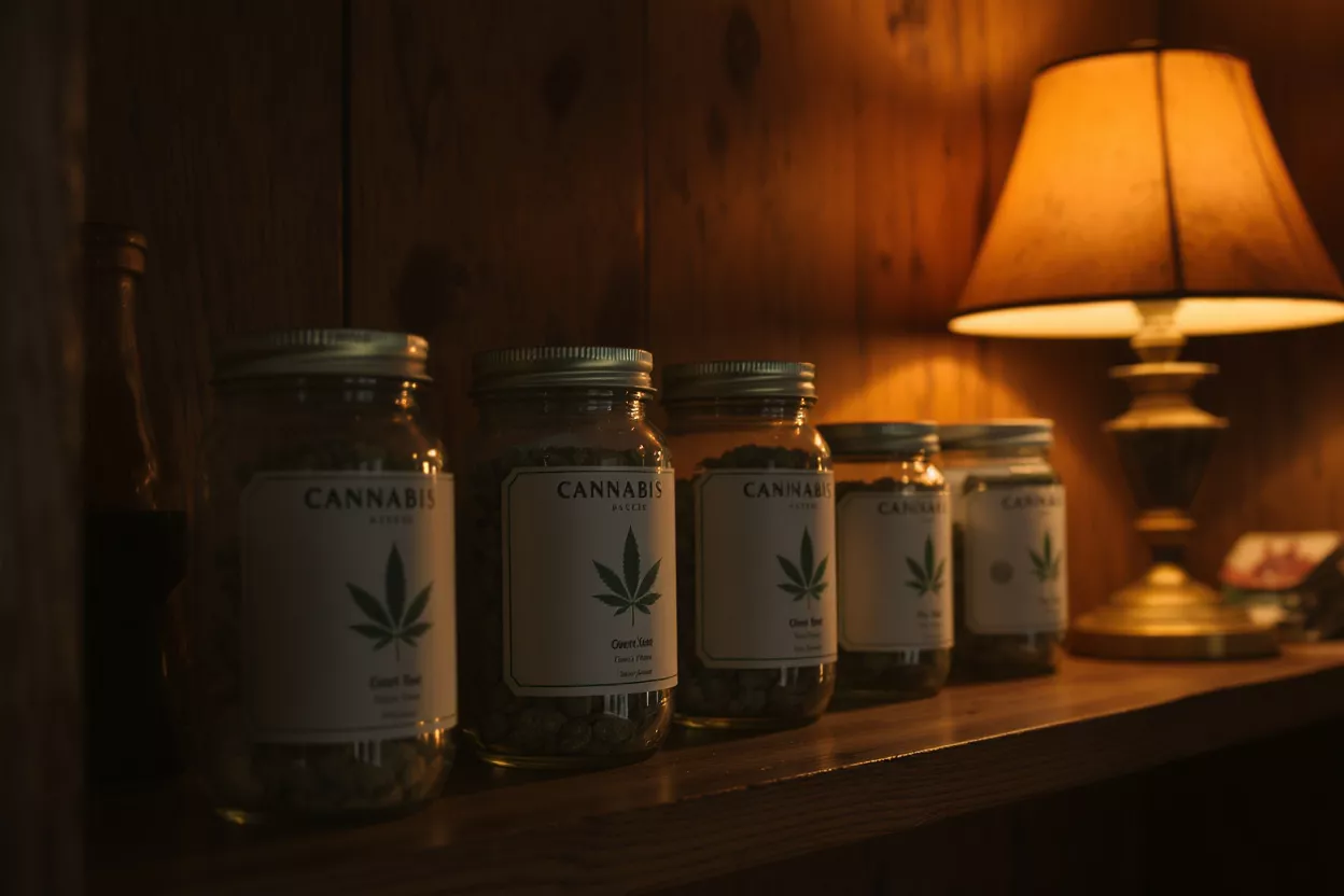 Several glass jars labeled "Cannabis" with cannabis leaves, on a wooden shelf.