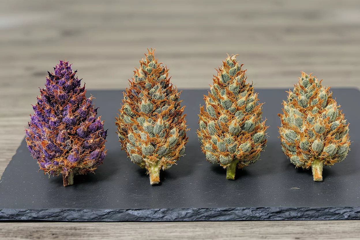 Four cannabis buds, one purple, three green and orange, on a black slate tray.