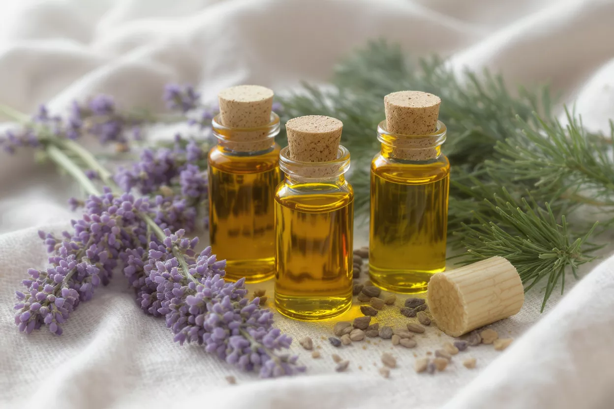 Three small bottles of golden essential oil with lavender and pine sprigs.