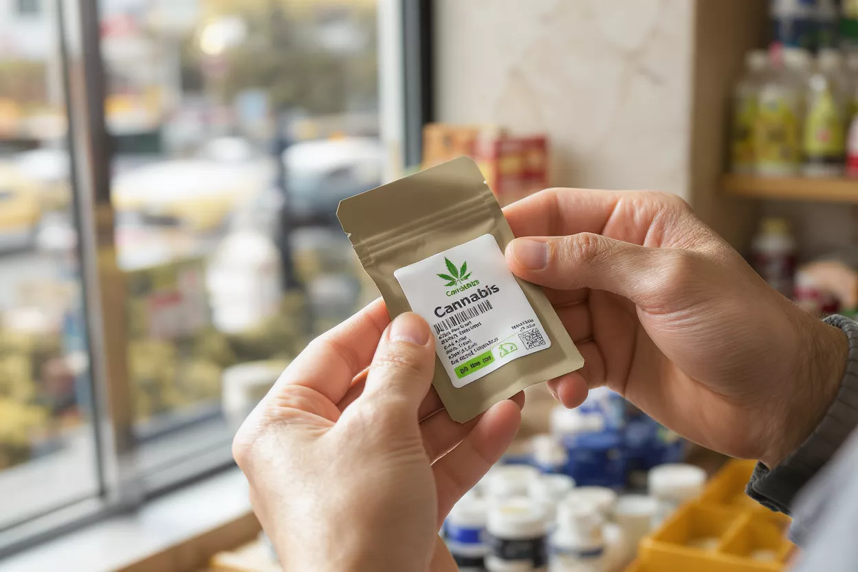 Close-up of hands holding a cannabis product package with a label.
