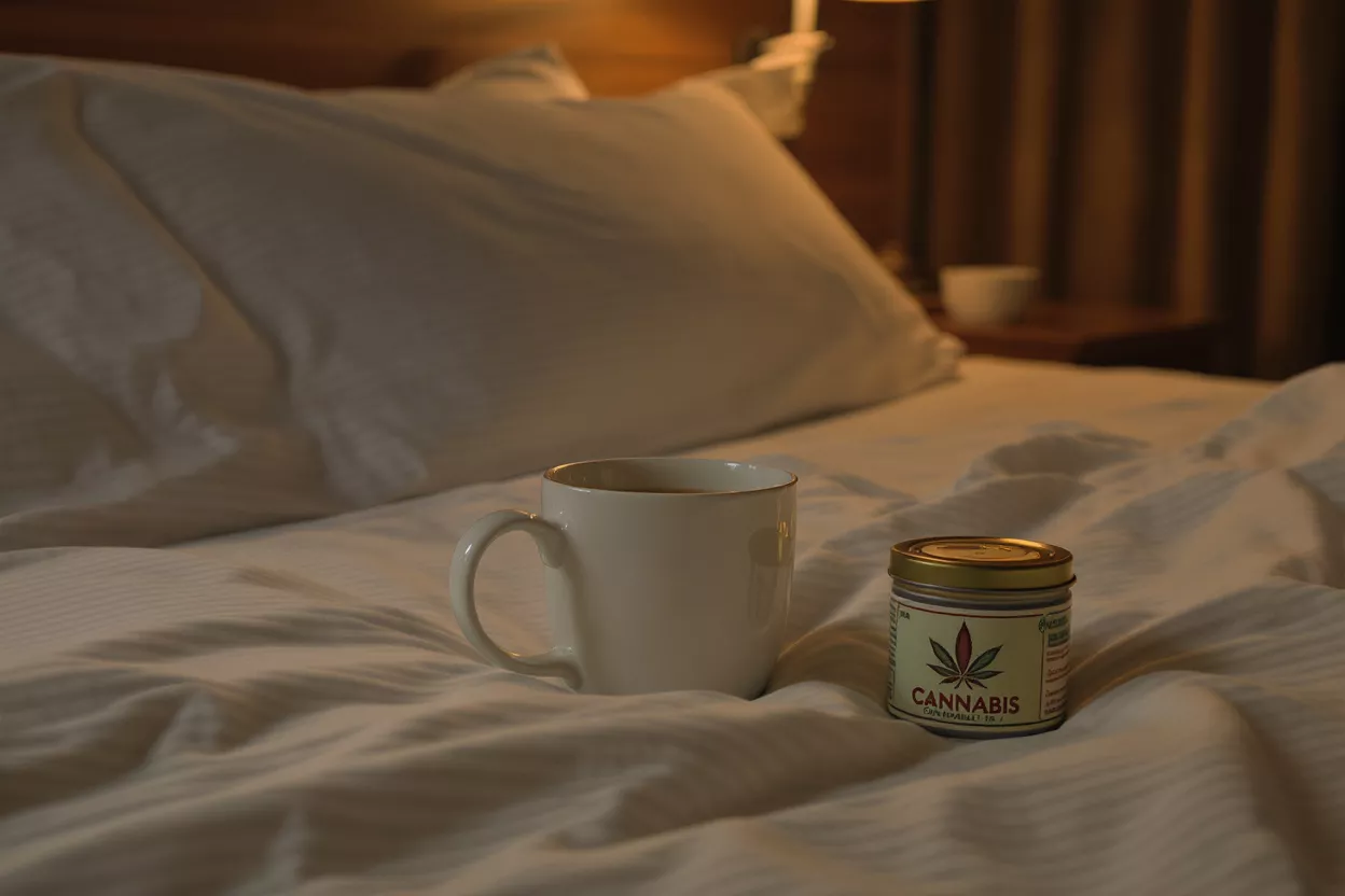 White mug and cannabis jar on a white bed with a blurred background.