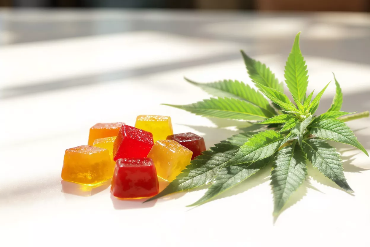 Colorful Cannabis Gummies with Leaf Gummies au cannabis aux couleurs vives, en rouge, orange et jaune, avec une feuille de cannabis verte.