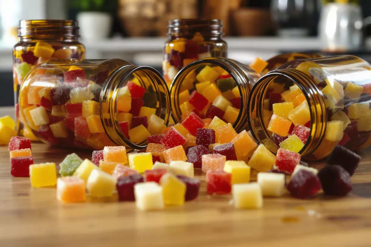 Bonbons aux Fruits Colorés Renversés de Bocaux Des bocaux ambrés renversant des bonbons aux fruits vibrants et enrobés de sucre sur une surface en bois.