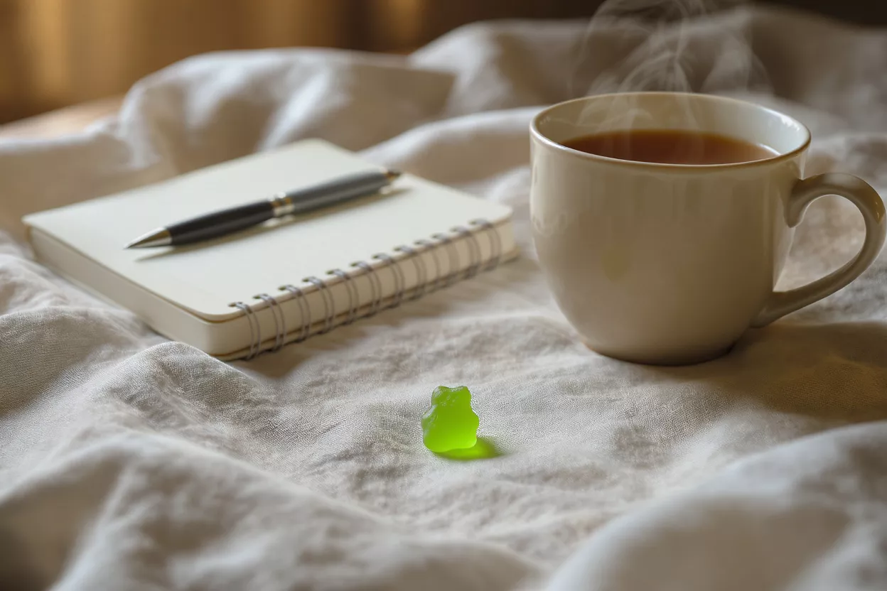 Routine matinale douillette Thé fumant, carnet, stylo et un bonbon vert sur du lin blanc.