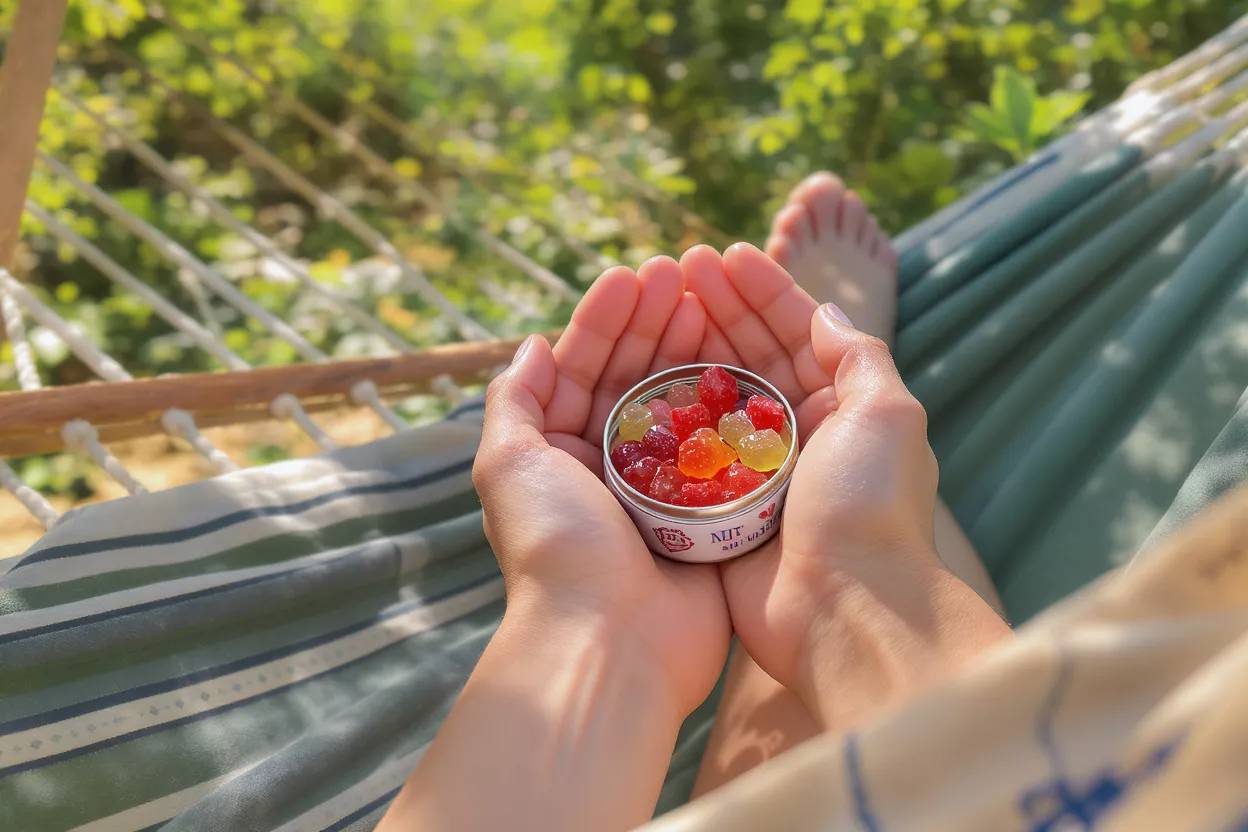 Gommes Colorées dans un Hamac Mains tenant une boîte de gommes colorées tout en se relaxant dans un hamac rayé.