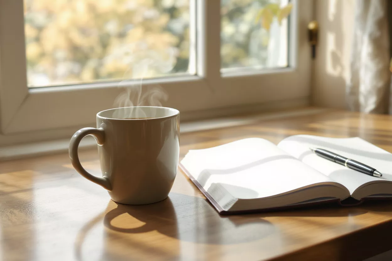 Steaming coffee mug and open journal with pen on a sunlit wooden windowsill.