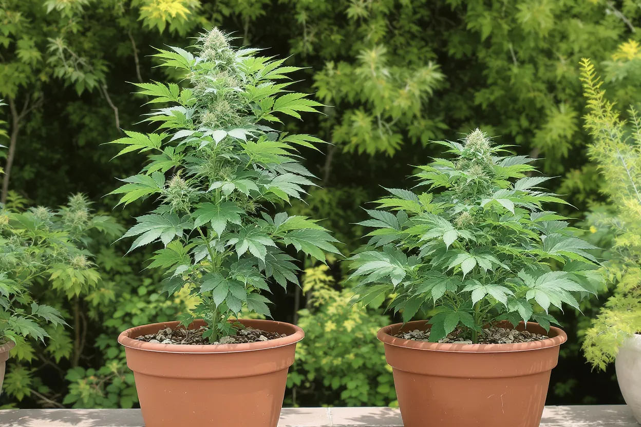 Two healthy cannabis plants in brown pots with developing buds against a green background.
