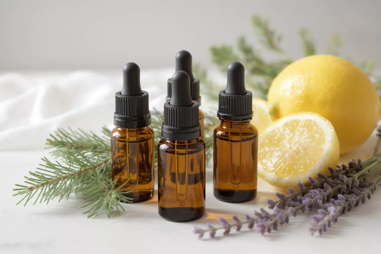 Amber dropper bottles with pine, lavender, and lemons for essential oils.