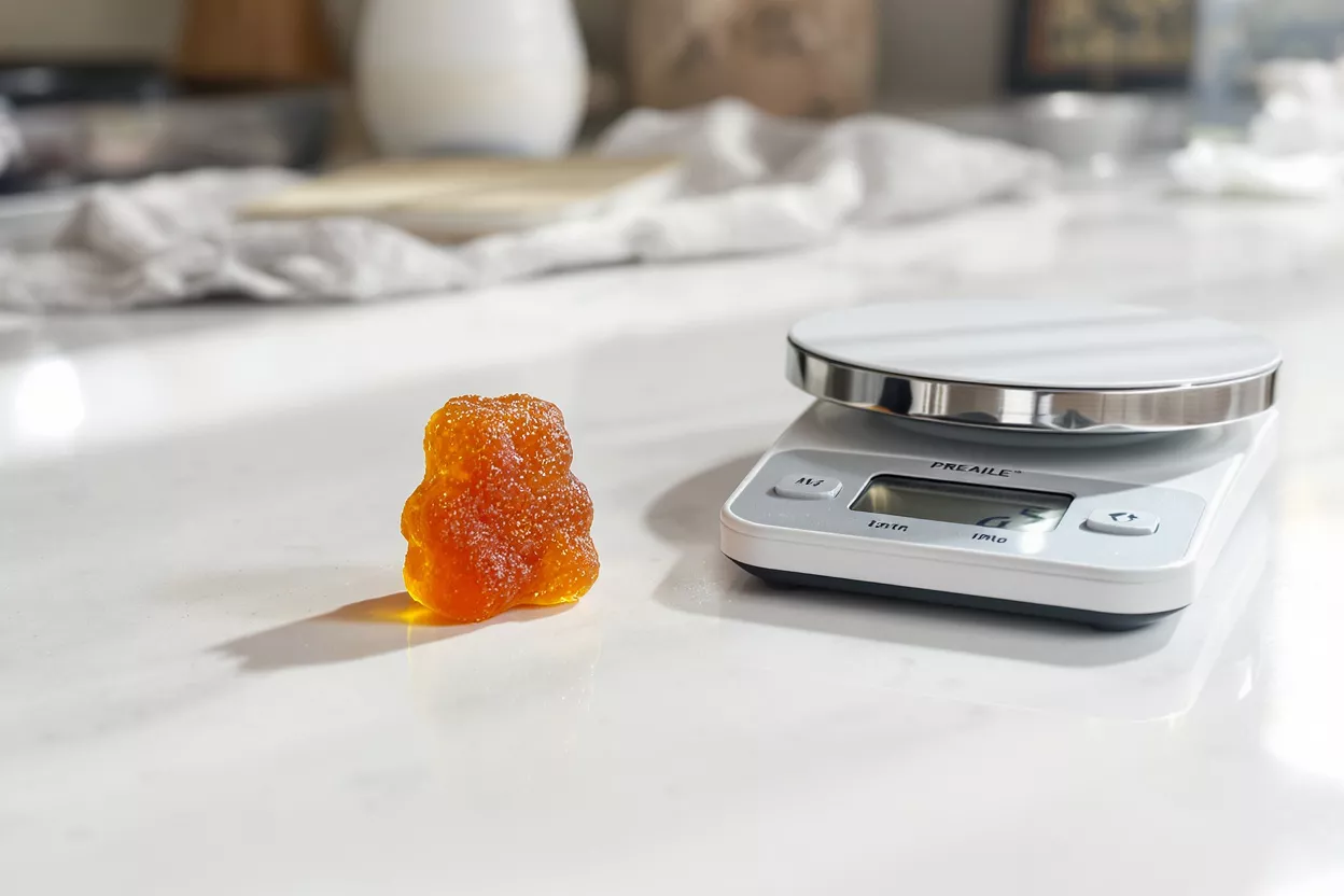 Orange gummy next to a digital kitchen scale on a white counter.