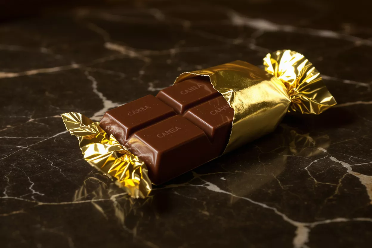 A luxurious chocolate bar partially unwrapped from its shimmering gold foil on a dark marble surface.