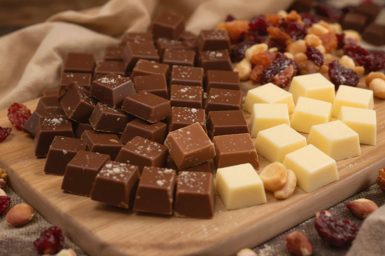 A wooden board with milk chocolate fudge, white chocolate fudge, nuts, and dried fruit.