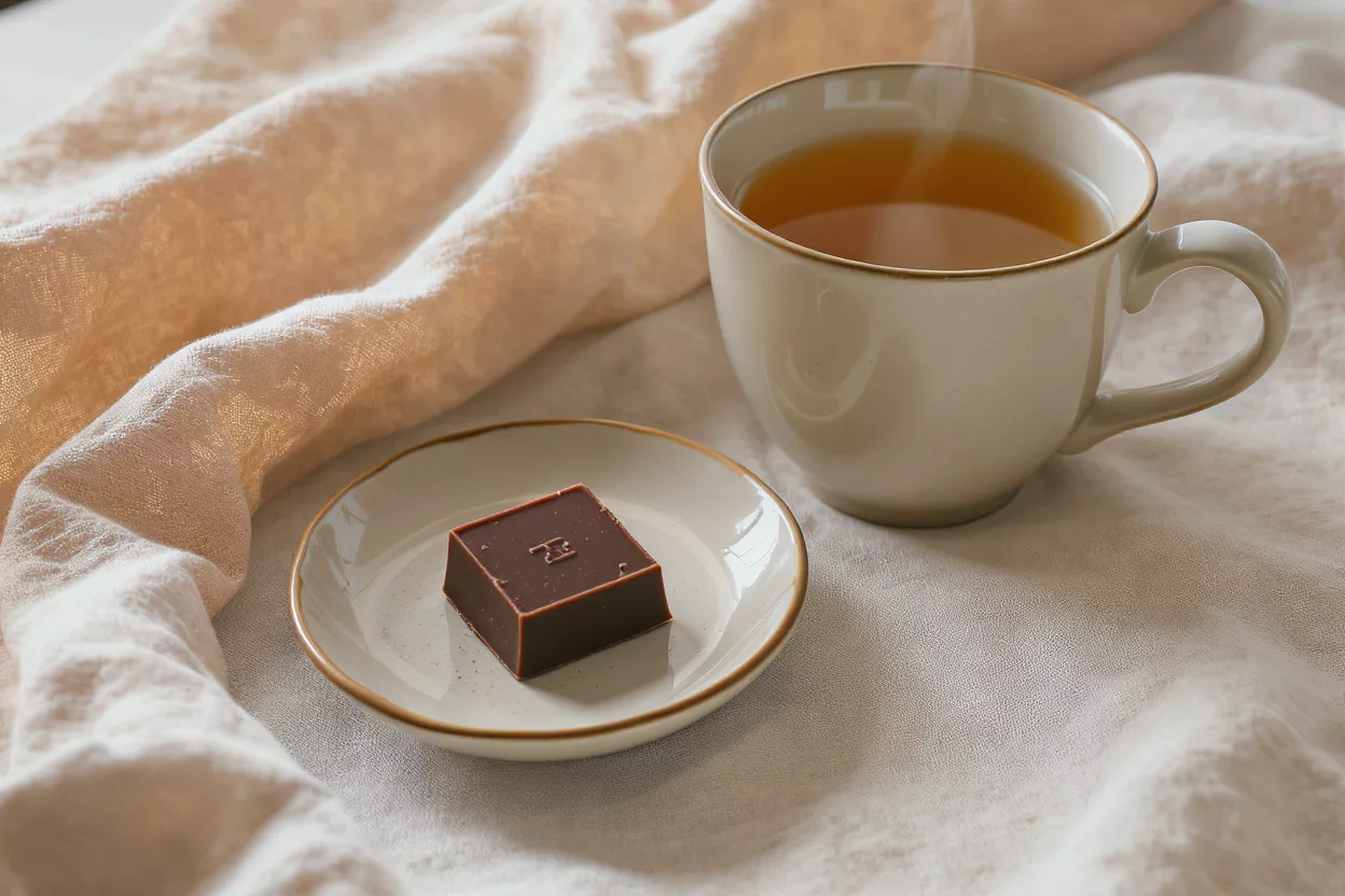 Steaming cup of tea and a square of dark chocolate on a small plate.