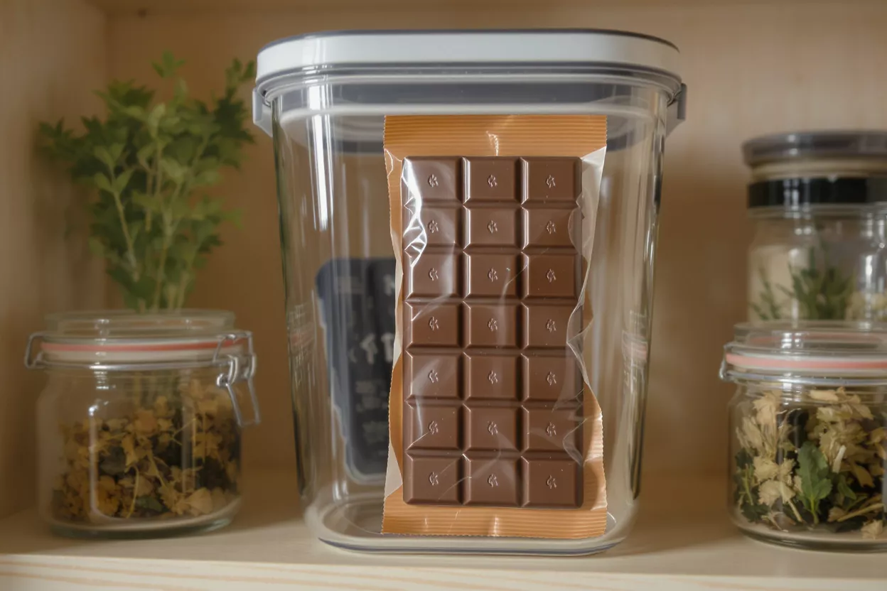 Chocolate bar in clear plastic container on a shelf with herbs.