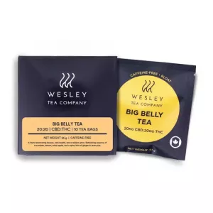 Wesley tea company big belly tea box and tea bag, black and yellow packaging.