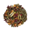 Herbal mixture with dried leaves, flowers, and two transparent capsules.