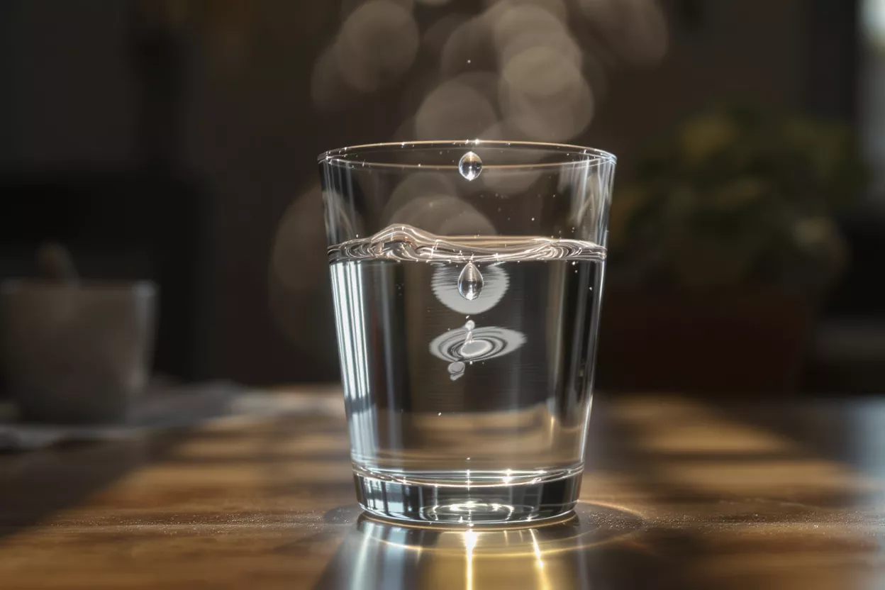 A clear glass of water with a droplet falling, creating ripples on the surface.