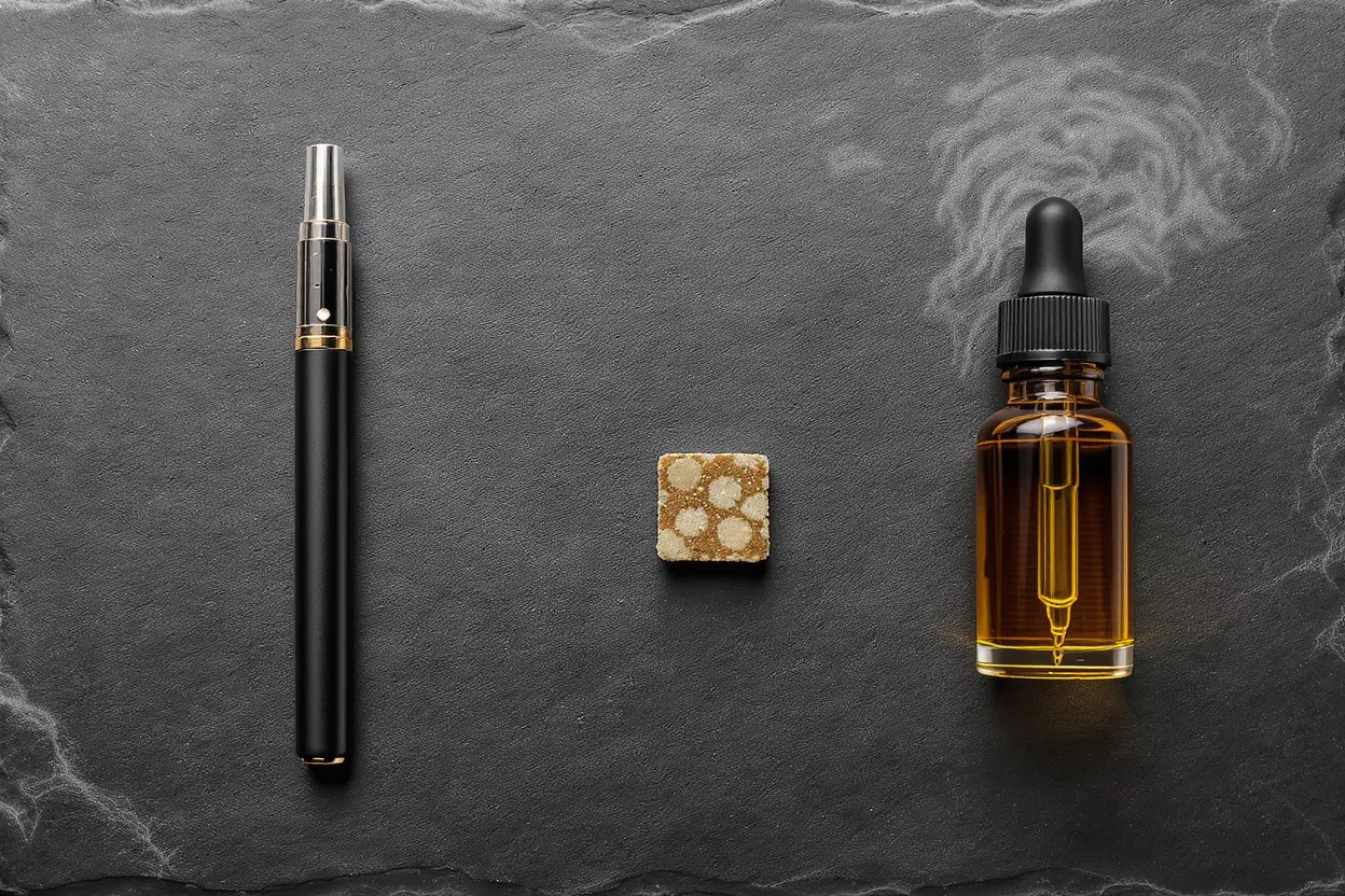 Vape pen, concentrate, and oil bottle on a dark slate background.