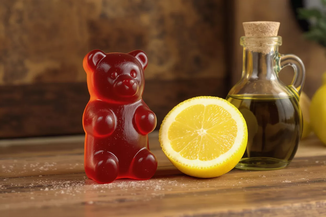 Red gummy bear, half a lemon, and a bottle of oil on a wooden surface.