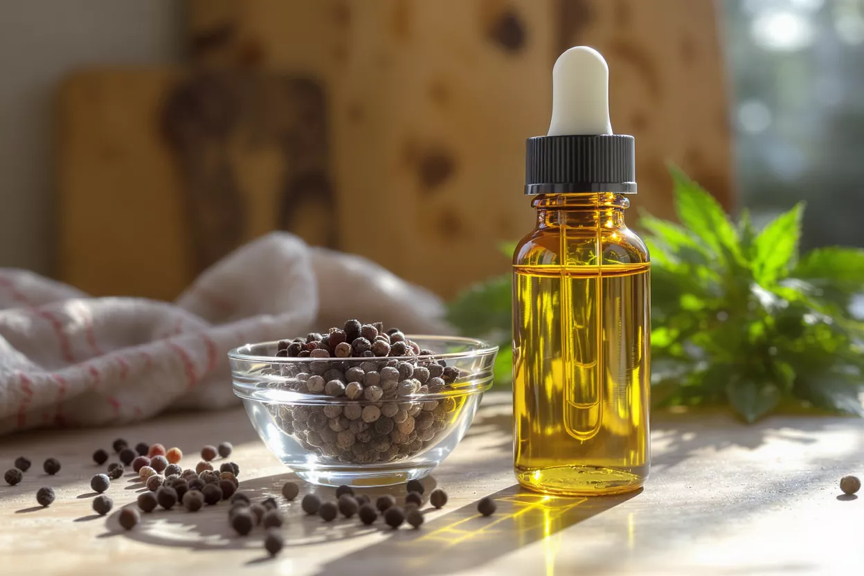 Amber dropper bottle of essential oil next to a bowl of black peppercorns.