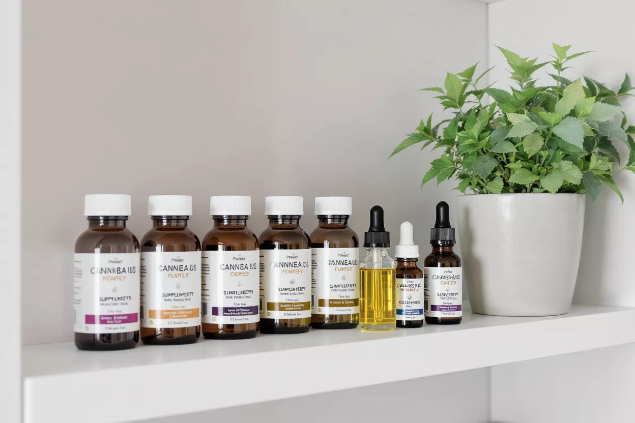 Various cannabis CBD oil bottles and dropper bottles on a white shelf with a plant.