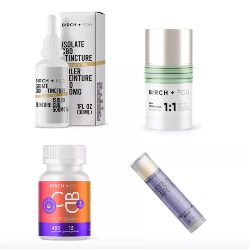 BIRCH + FOG CBD tincture, pain stick, gummies, and topical roll-on products on white background.