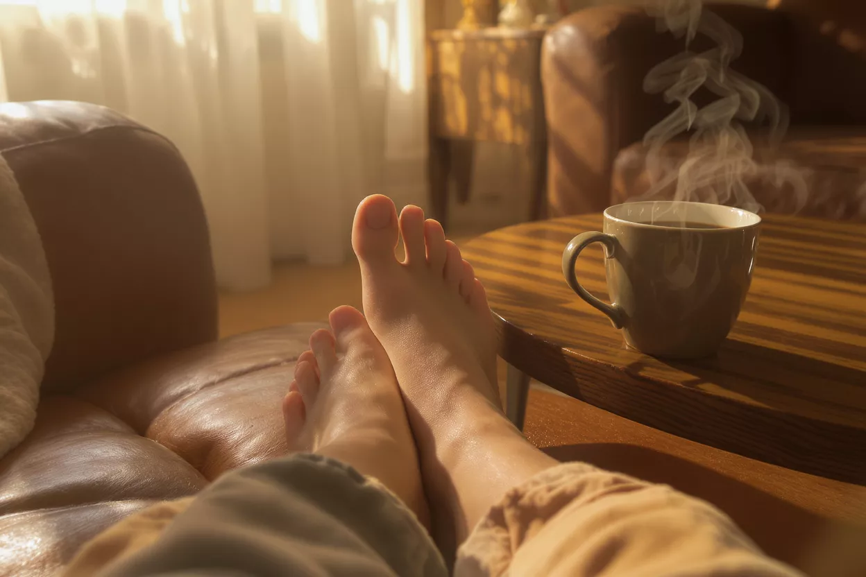 Comfortable feet resting near a steaming cup of coffee