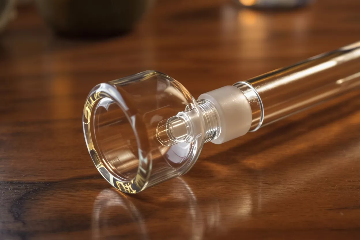 Clear glass tube with a frosted glass connector on a wooden surface.