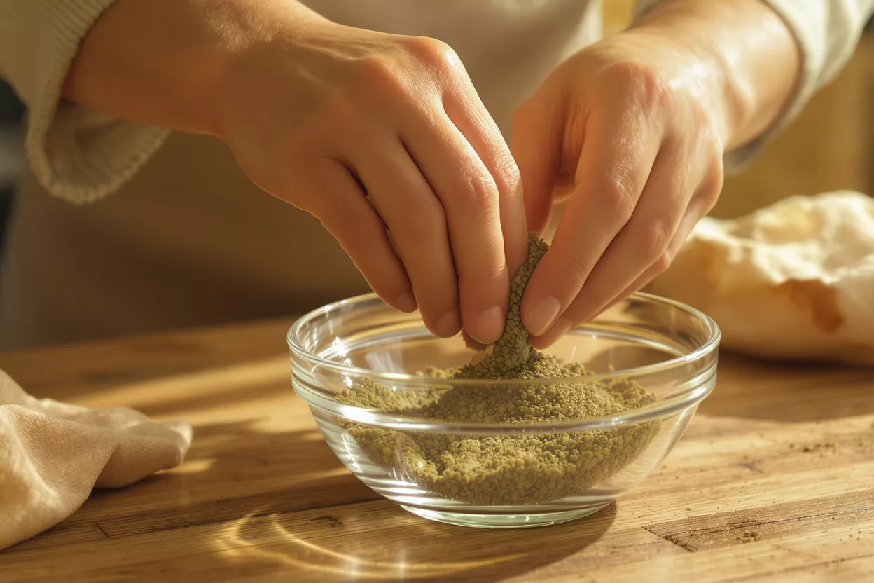 Close-up of hands scooping green powder from a glass bowl on a wooden surface.