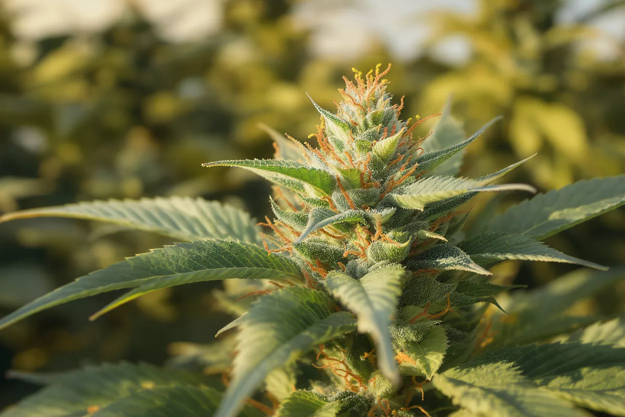 Close view of a cannabis plant bud and leaves