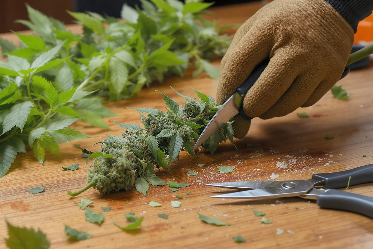A hand trimming a cannabis bud with scissors