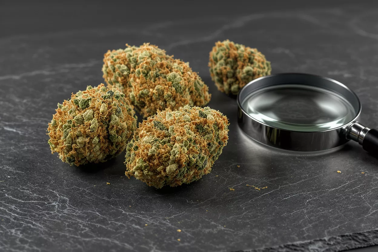 Close-up of cannabis buds near a magnifying glass