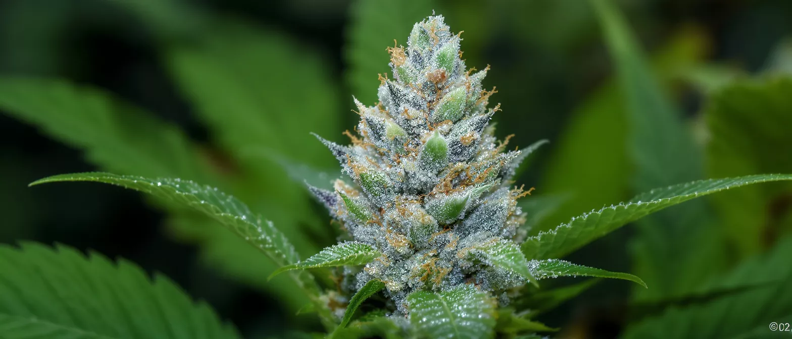 Close-up of a cannabis bud covered in white trichomes and orange pistils.