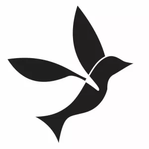 Minimalist black dove silhouette in flight.