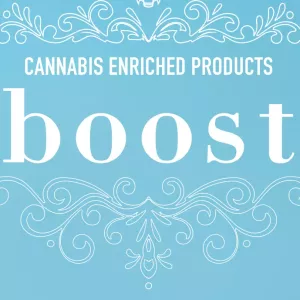 Cannabis enriched products boost elegance and wellness with blue background and decorative design.