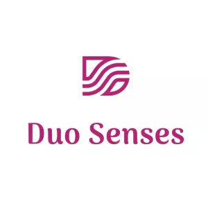 Duo Senses logo in magenta with abstract D and rounded sans-serif text.